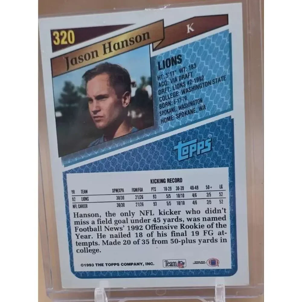 1993 Topps #320 Jason Hanson Card